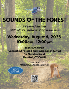 Text describing details of the ramble over a photo of a wooded trail with squirrels and bluejays. 